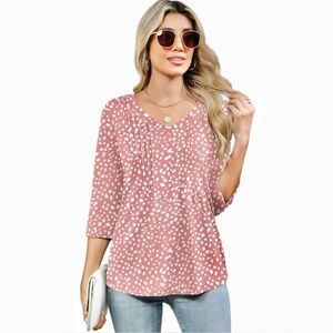 Romanstii Pintuck V-Neck Top Pink Polka Dot NWT